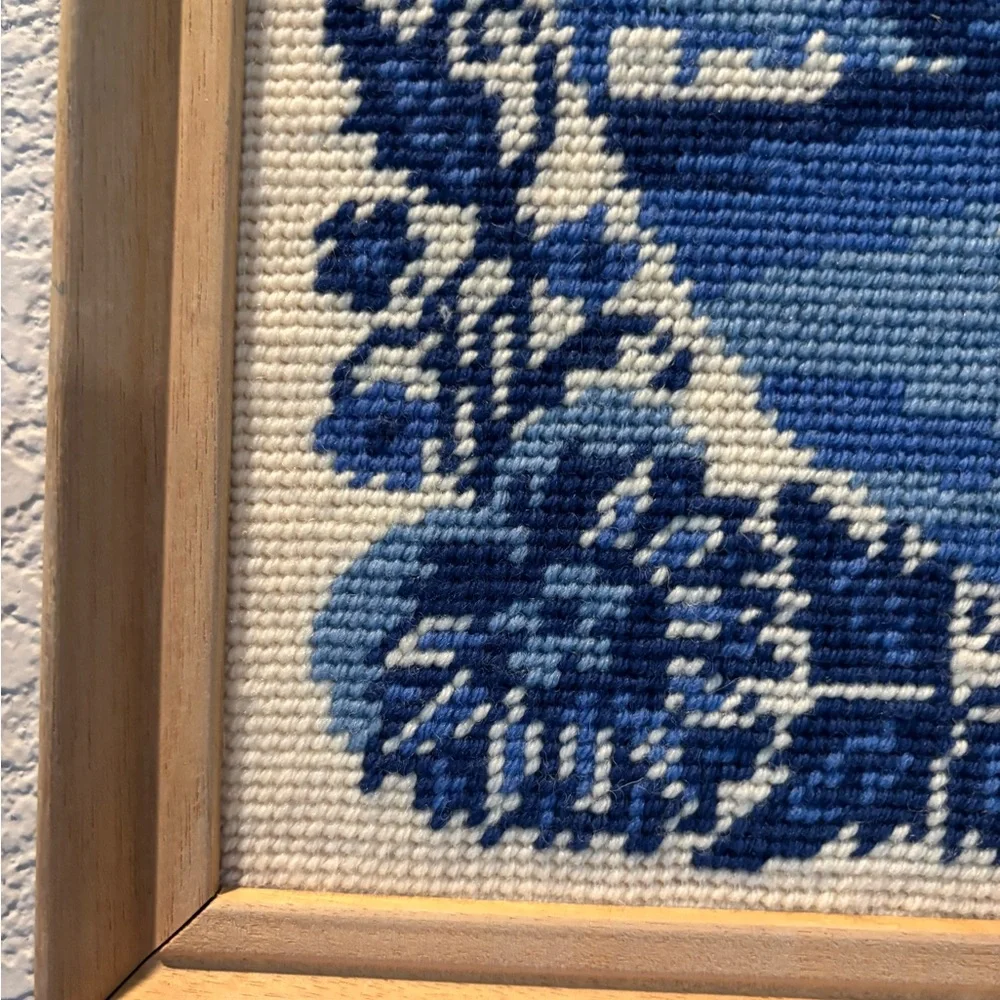Vintage Blue Cross-Stitch Scenic Winter Art in Wooden Frame - Picture 5 of 16